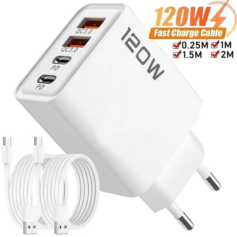 120W 4 Port USB Type C Charger Fast Charging Data Cable USB Phone Charger Adapter for Samsung IPhone Xiaomi Huawei Wall Charger - Honesty Sales