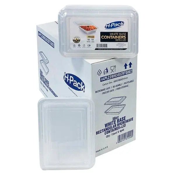 38oz White Base Rectangular Microwave Container + Lid - Honesty Sales