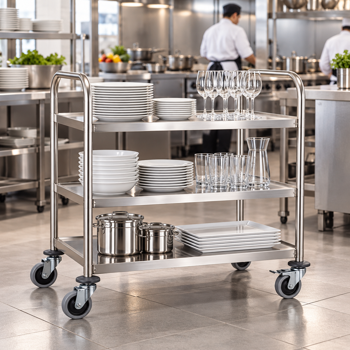 Three-tier trolley carrying crockery in a catering kitchen