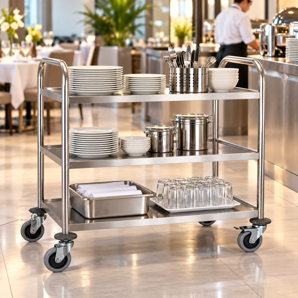 Three-tier trolley carrying clean tableware in a restaurant
