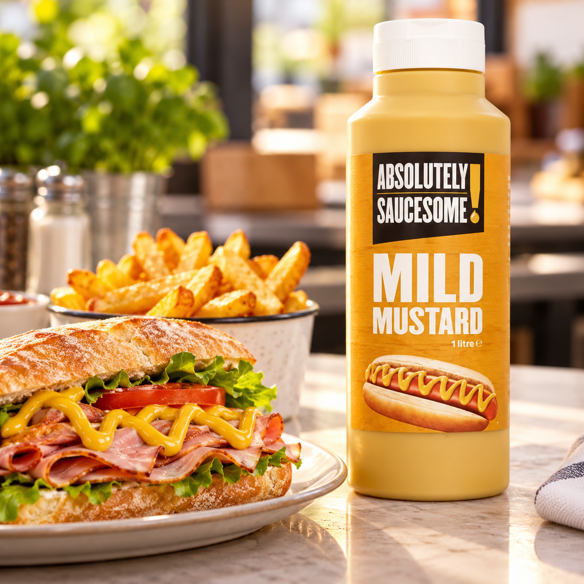 Mild mustard beside a sandwich and fries