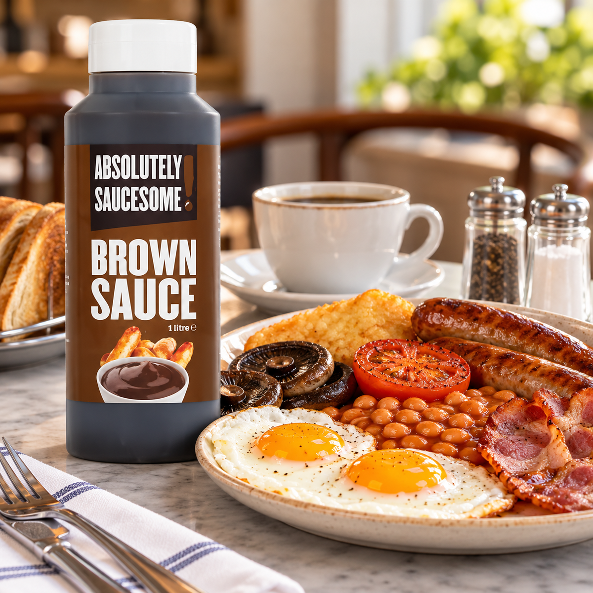 Brown sauce served with a full breakfast