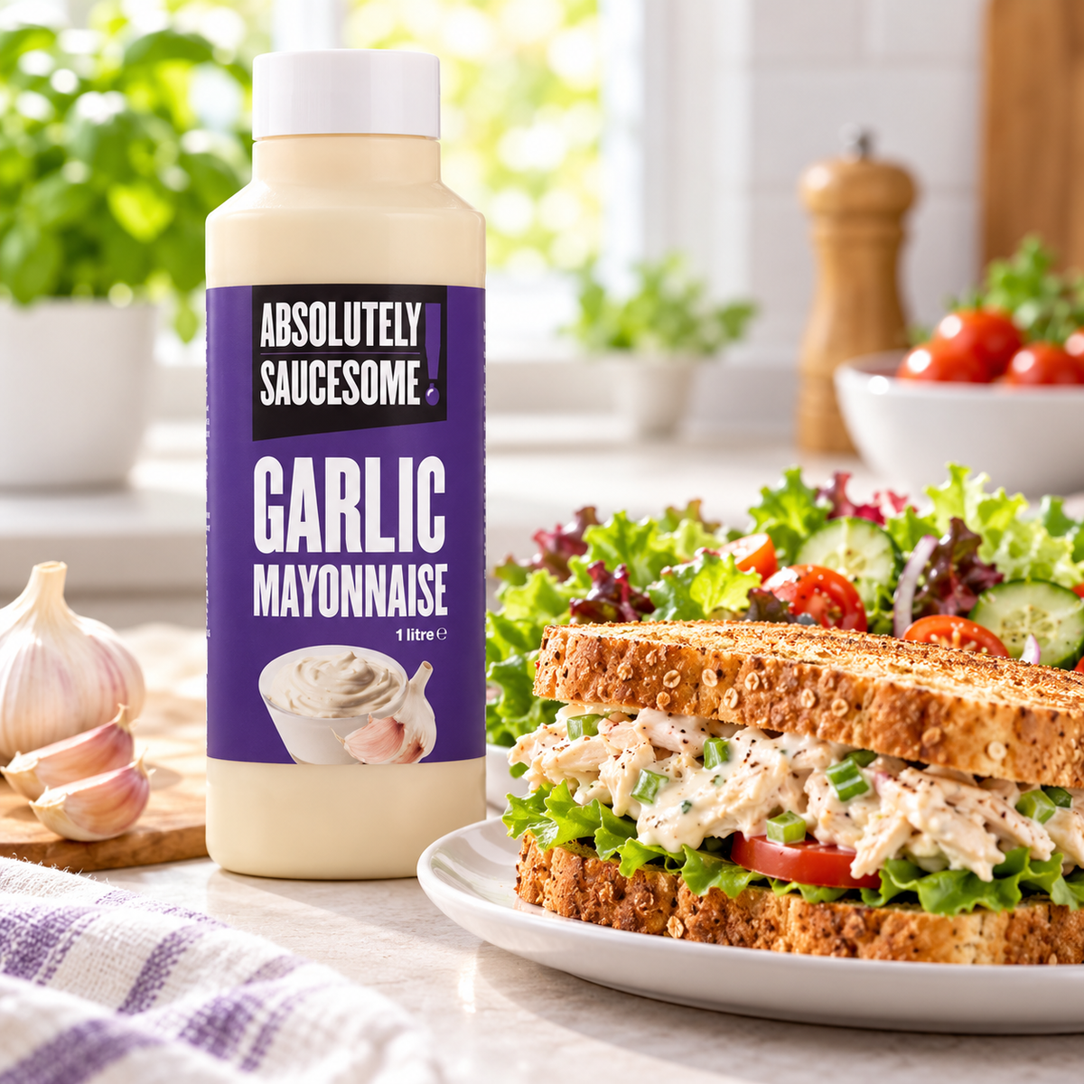 Garlic mayonnaise served with a fresh chicken sandwich