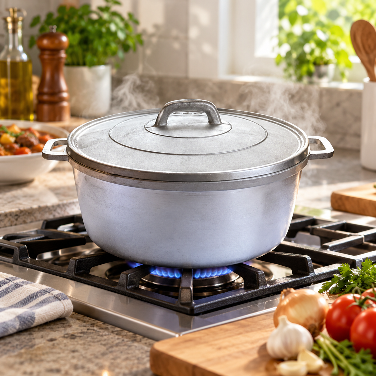 5.5L aluminium pot simmering on a kitchen hob