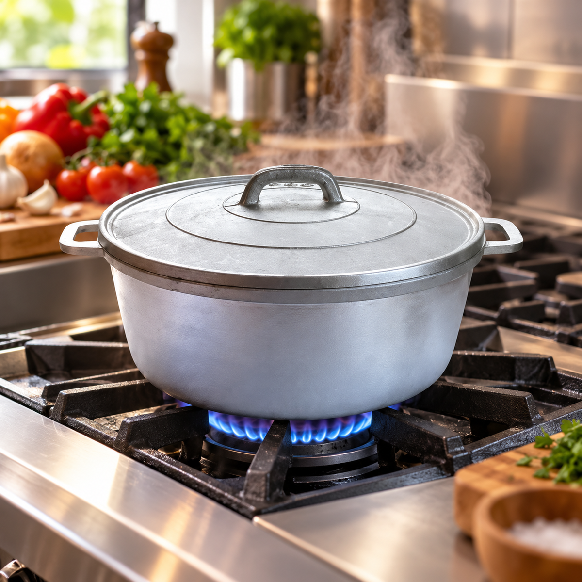 8L aluminium pot simmering on a professional hob