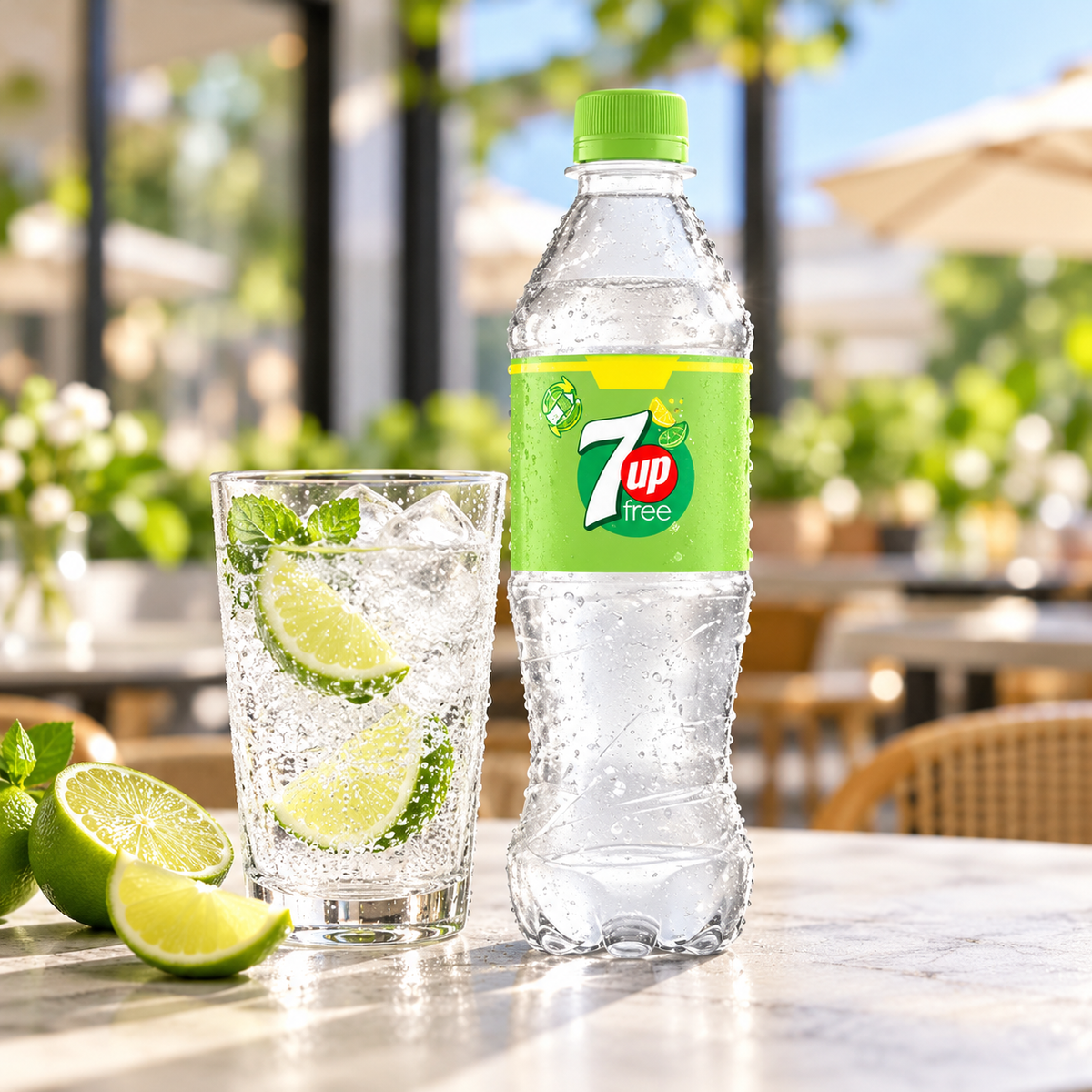 7UP Free with lime and ice at a cafe