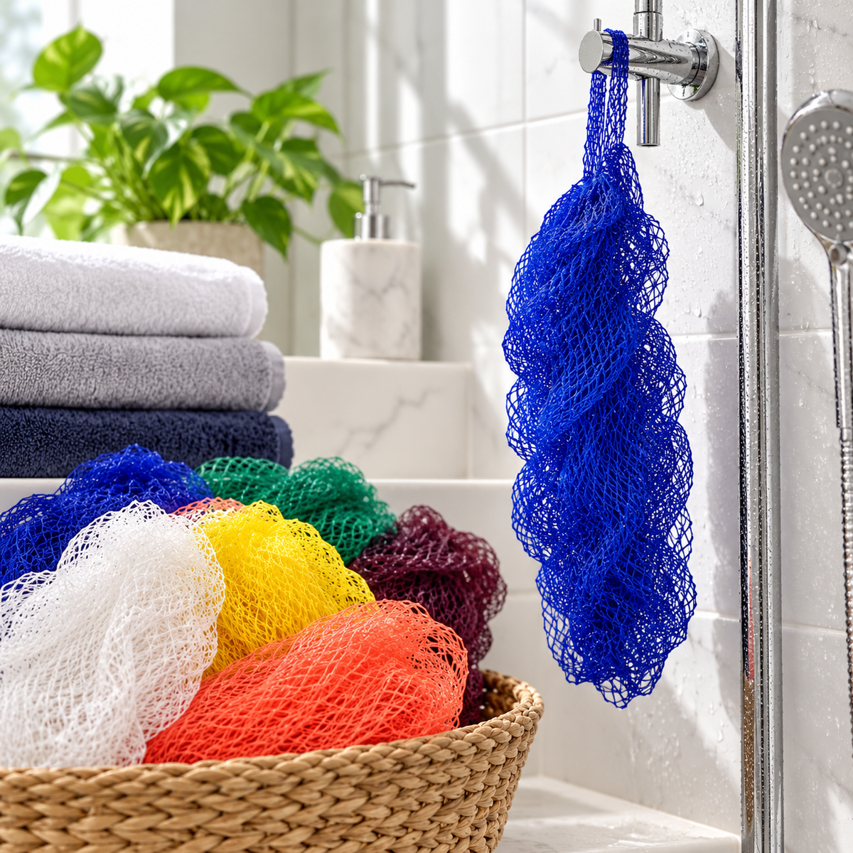 Multicolour African bath sponge hanging in a shower