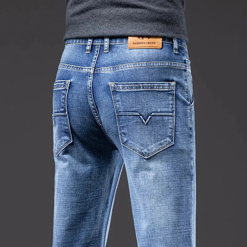 Autumn Winter New Men's Light Business Loose Jeans Classic Fashion Casual Stretch Straight Denim Trousers Blue Gray Male Dropshipman