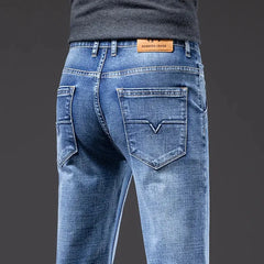 Autumn Winter New Men's Light Business Loose Jeans Classic Fashion Casual Stretch Straight Denim Trousers Blue Gray Male Dropshipman