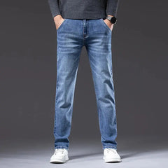 Autumn Winter New Men's Light Business Loose Jeans Classic Fashion Casual Stretch Straight Denim Trousers Blue Gray Male Dropshipman