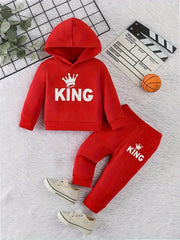 Baby Boy KING Crown Pattern Fleece Hoodie+Casual Pants Two Piece Set Spring and Autumn Sportswear - Honesty Sales