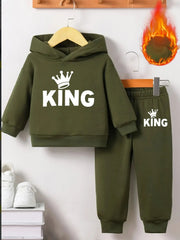 Baby Boy KING Crown Pattern Fleece Hoodie+Casual Pants Two Piece Set Spring and Autumn Sportswear - Honesty Sales