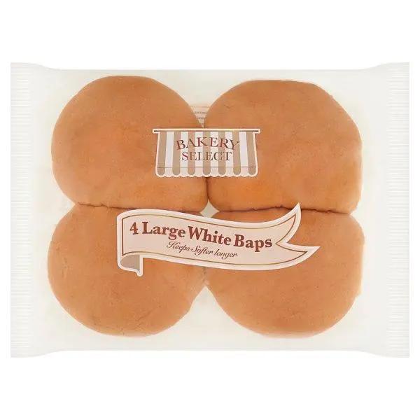 Bakery Select 4 Large White Baps - Honesty Sales U.K