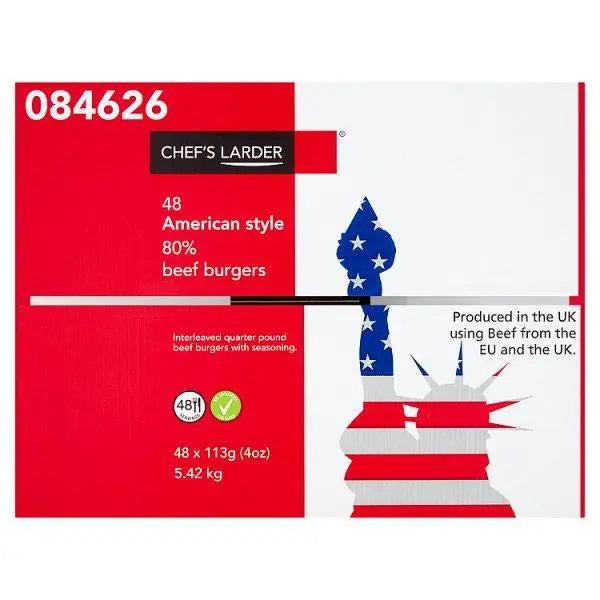 Chefs Larder 48 American Style 80% Beef Burgers 5.42kg - Honesty Sales