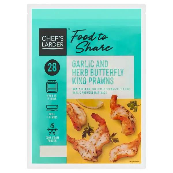 Chefs Larder 28 (approx.) Garlic and Herb Butterfly King Prawns 500g - Honesty Sales