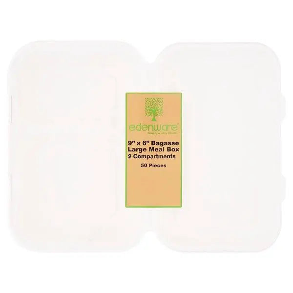 Edenware 9'' x 6" Bagasse Large Meal Box 50 Pieces - Honesty Sales