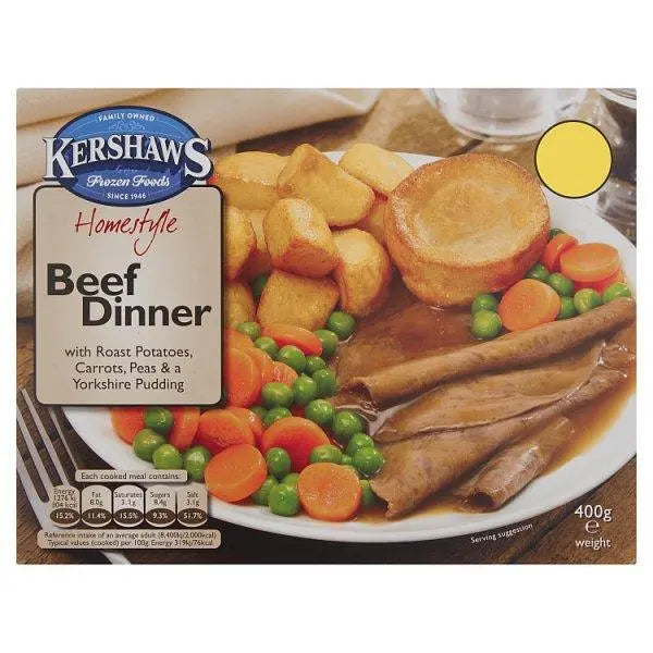 Kershaws Homestyle Beef Dinner with Roast Potatoes, Carrots, Peas & a Yorkshire Pudding 400g - Honesty Sales