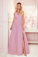 Numoco justine maxi long gown with neckline, leg slit and back tie - Honesty Sales