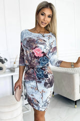 Numoco porty daydress with binding, 3/4 sleeves and pockets, flowers on a stone background - Honesty Sales