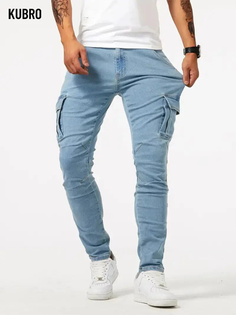 Street Elastic Jeans Men Denim Cargo Pants Wash Solid Color Multi Pockets Casual Mid Waist Trousers Slim Fit Daily Wear Joggers Dropshipman