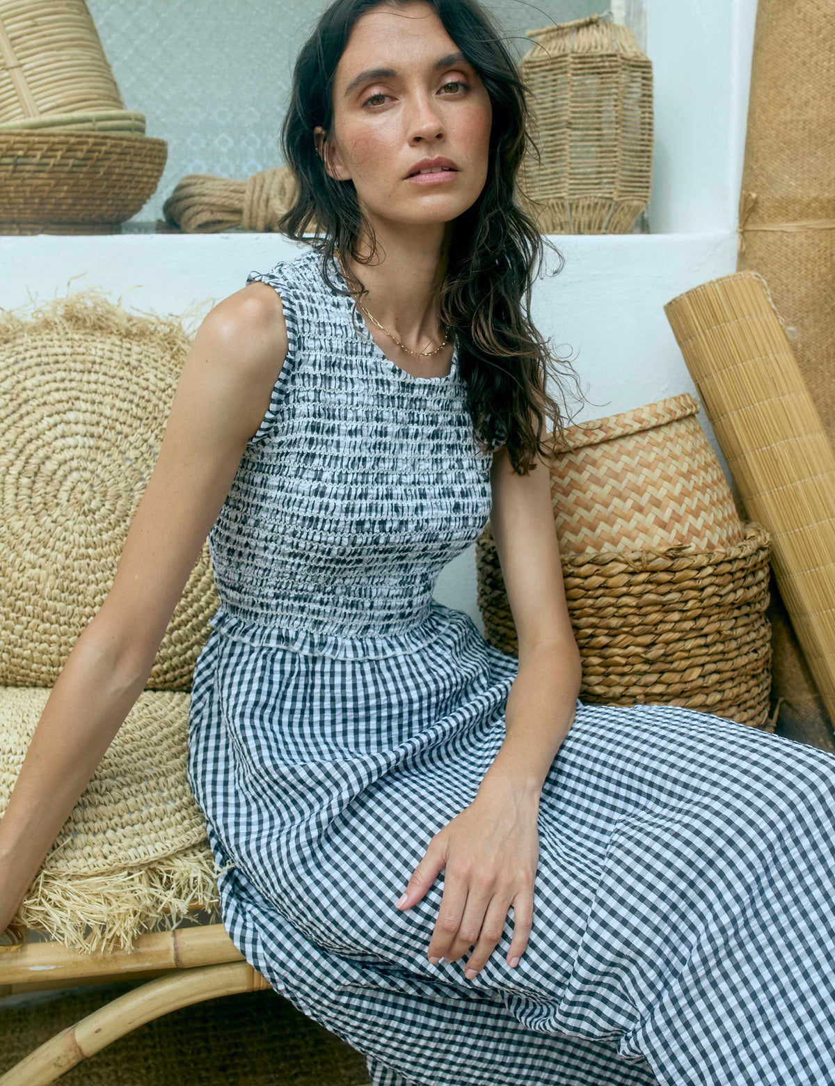 Poloma Gingham Midi Shirred Dress