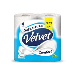 Velvet Comfort Toilet Roll 4 Rolls (Case of 6) - Honesty Sales U.K