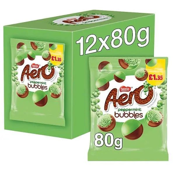 Aero Bubbles Peppermint Chocolate Sharing Bag 80g (Case of 12) - Honesty Sales