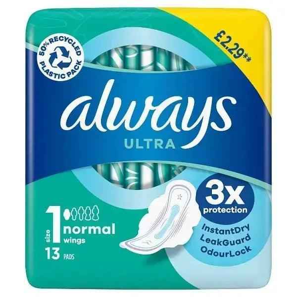 Always Ultra Sanitary Towels Normal (Size 1) Wings 13 Pads - Honesty Sales
