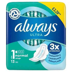 Always Ultra Sanitary Towels Normal (Size 1) Wings 13 Pads - Honesty Sales