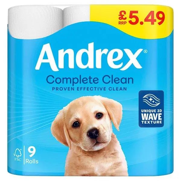 Andrex Complete clean Toilet Tissue 9 Roll £5.49 PMP (Case of 4) - Honesty Sales
