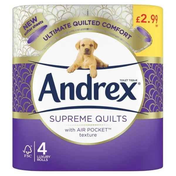 Andrex® Supreme Quilts Toilet Tissue, 4 Quilted Toilet Rolls (Case of 6) - Honesty Sales