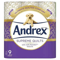 Andrex Supreme Quilts Toilet Tissue, 9 Quilted Toilet Rolls (Cas of 4) - Honesty Sales