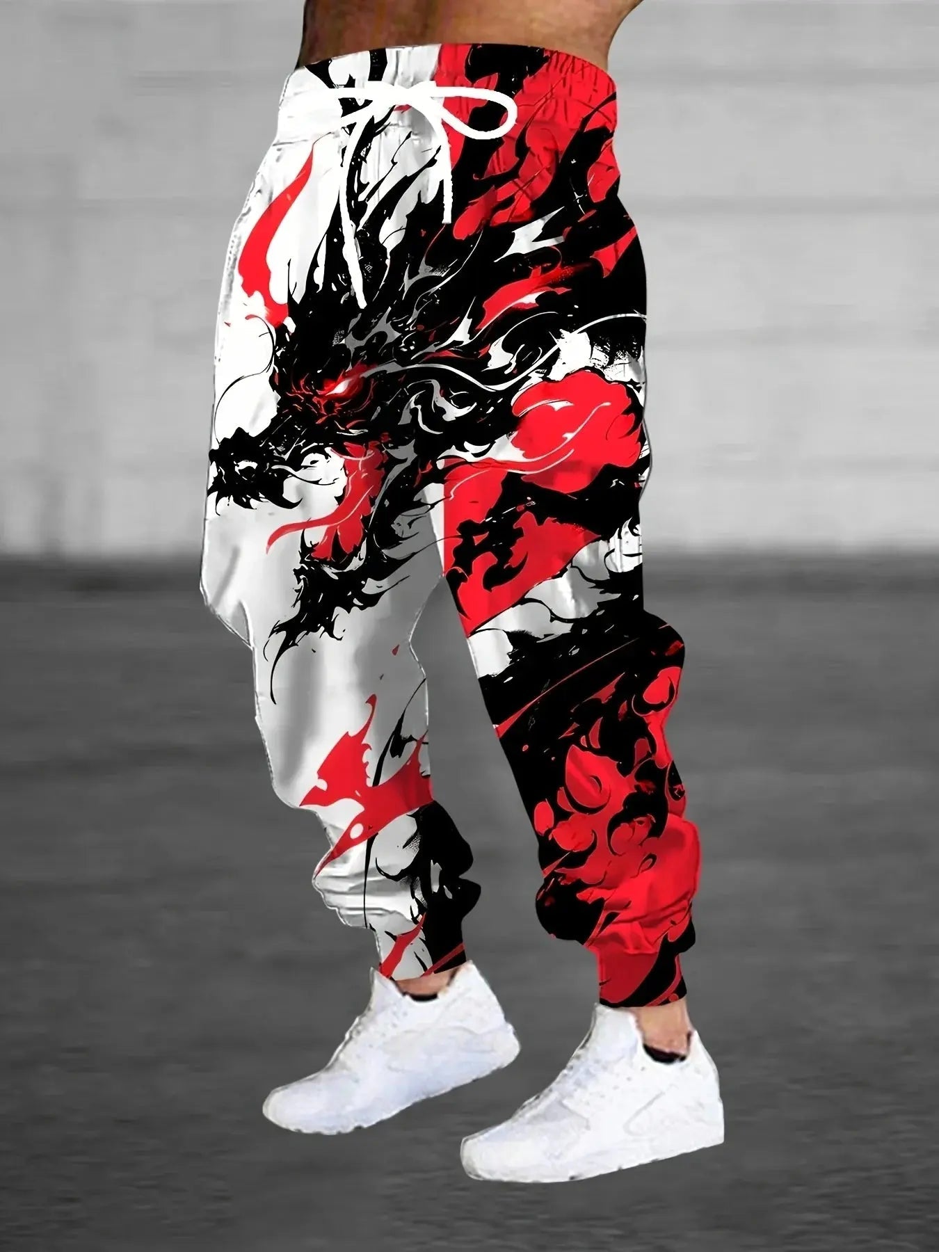 Autumn Men's New Chinese Loong Printed Soft and Comfortable Drawstring Pants Outdoor Urban High Street Pants - Honesty Sales