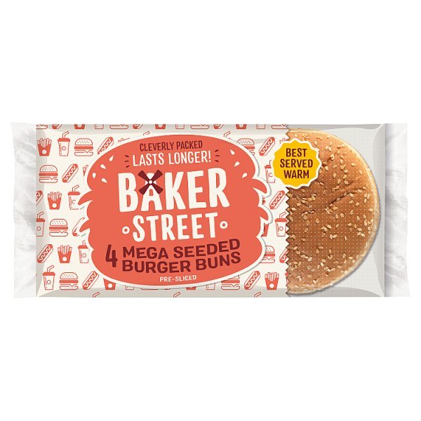 Baker Street 4 Pre-Sliced Mega Seeded Burger Buns (7 x 4s) - Honesty Sales