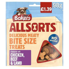 Bakers Allsorts Delicious Meaty Bite Size Treats Flavoured with Chicken, Beef & Lamb 98g (Case of 6) - Honesty Sales