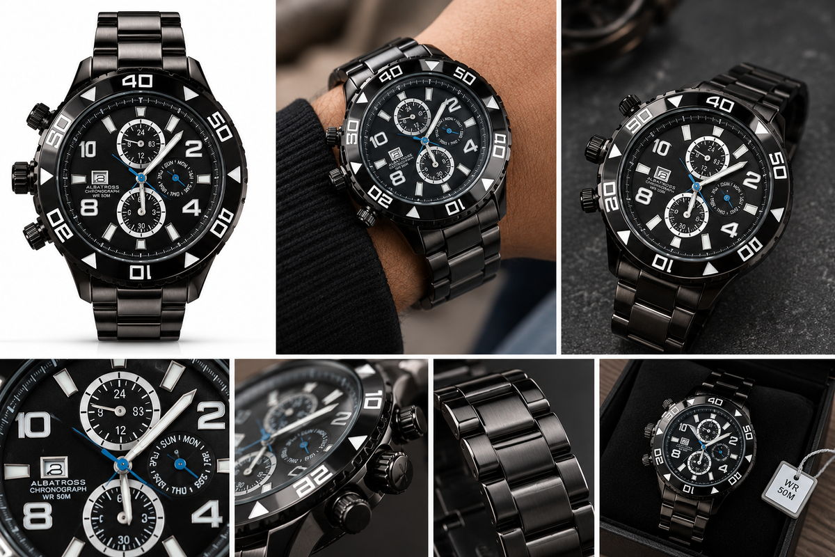 Illustrative studio and lifestyle montage of black sports-style bracelet watch; refer to original product photograph for exact details