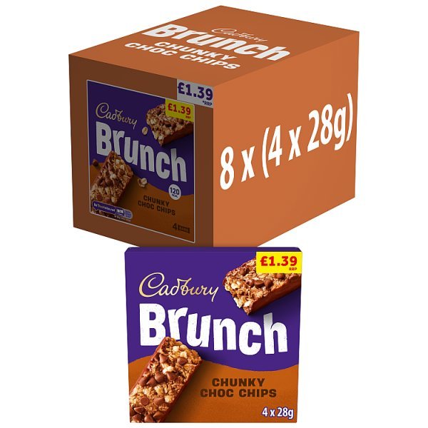 Cadbury Brunch Oats Chocolate Chip Cereal Bars 4 Pack Multipack 112g (4 x 28g) (8 x 112g) - Honesty Sales