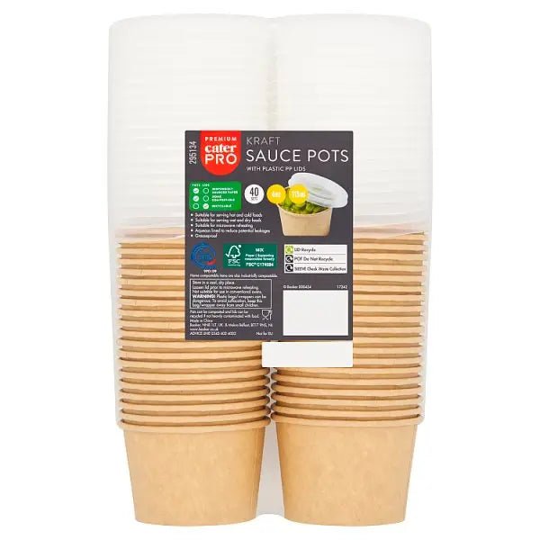 CaterPro 40 Kraft Sauce Pots with Plastic PP Lids 113ml - Honesty Sales