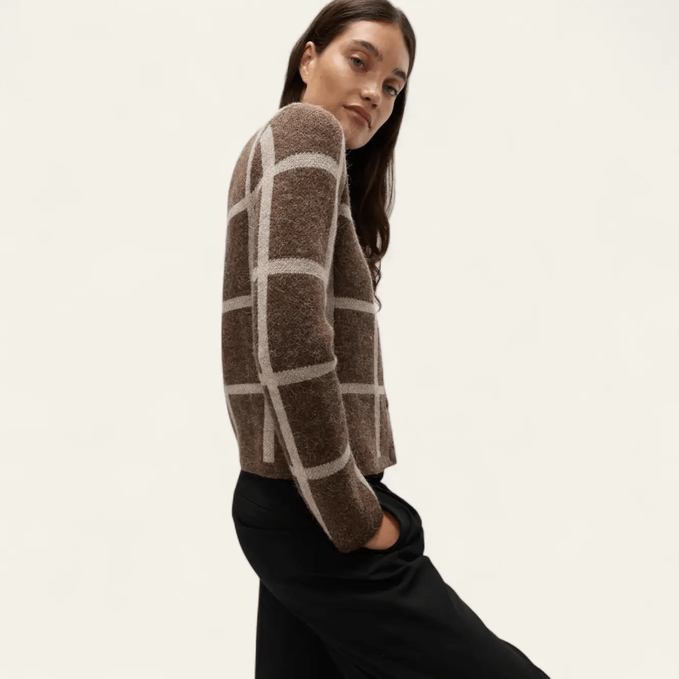 Checked Crew Neck Cardigan With Wool - Honesty Sales