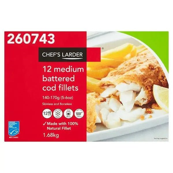 Chefs Larder 12 Medium Battered Cod Fillets 1.68kg - Honesty Sales