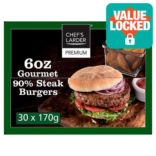 Chef's Larder Premium 6oz Gourmet 90% Steak Burgers 30x170g - Honesty Sales