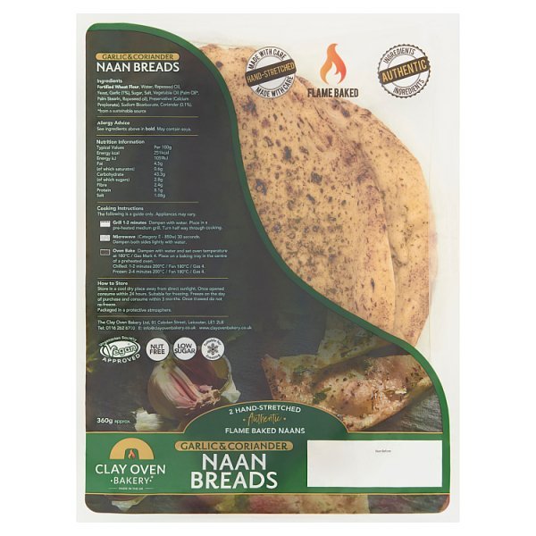 Clay Oven Bakery Garlic & Coriander Naan Breads 360g (10 x 2pk) - Honesty Sales