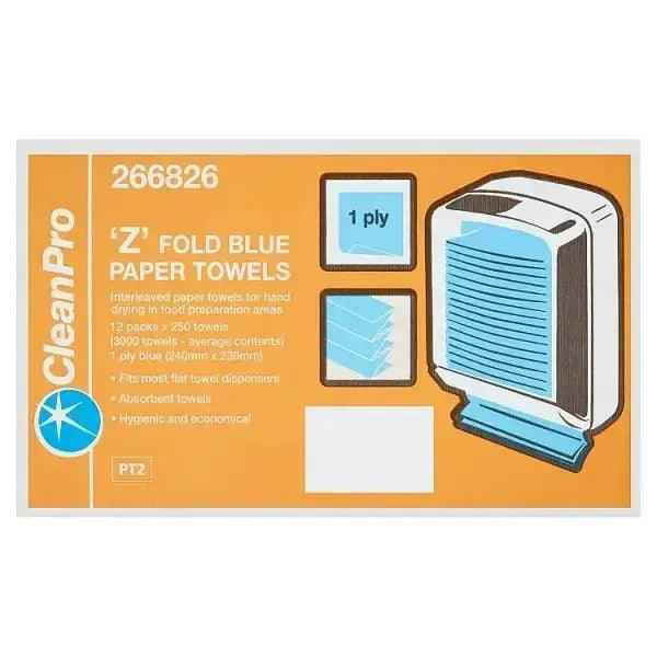 CleanPro Z Fold Blue Paper Towels 1 Ply 12 Packs x 250 Sheets - Honesty Sales
