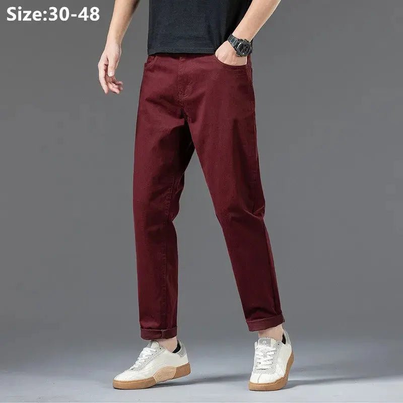 Cotton Pants Men Plus Size 48 46 44 42 Elastic Wine Red Blue Black Casual Trousers Loose Stretched Chino Straight Male Clothing - Honesty Sales