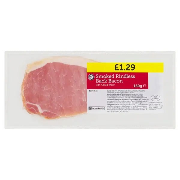Euro Shopper Smoked Rindless Back Bacon with Added Water 150g - Honesty Sales