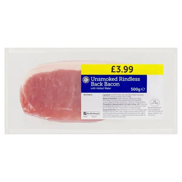 Euro Shopper Unsmoked Rindless Back Bacon with Added Water 500g - Honesty Sales