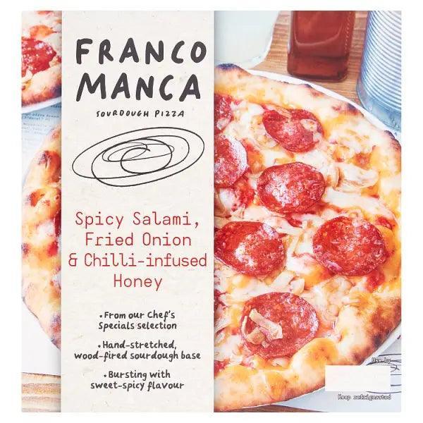 Franco Manca Sourdough Pizza Spicy Salami, Fried Onion & Chilli-Infused Honey 475g (Case of 6) - Honesty Sales