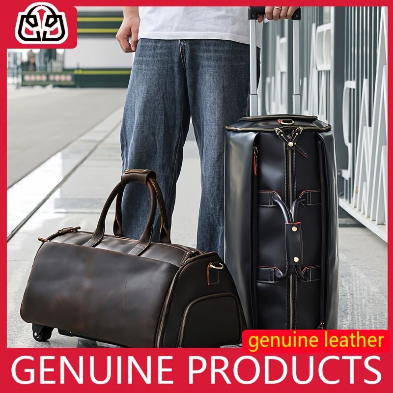 Genuine Leather Wheeled Travel Bag – Large - Capacity Trolley Luggage with Shoe Compartment & Detachable Strap - Honesty Sales