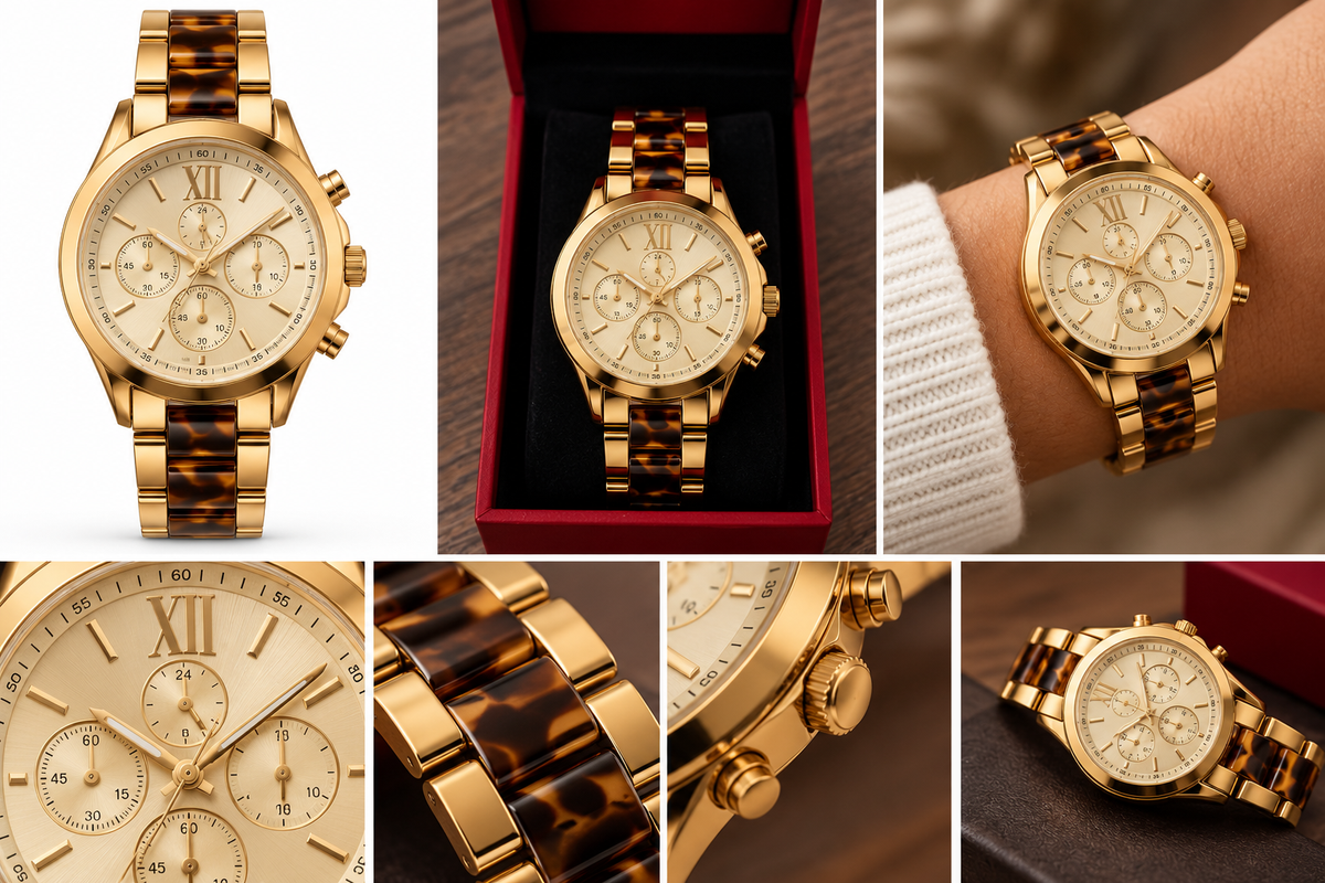 Illustrative gold-tone two-tone bracelet watch lifestyle montage; original photograph shows actual watch details