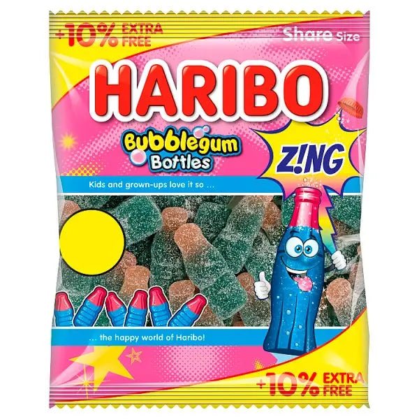 HARIBO Bubblegum Bottles Zing Jelly & Fizzy Sweets Sharing Bag 154g (Case of 12) - Honesty Sales